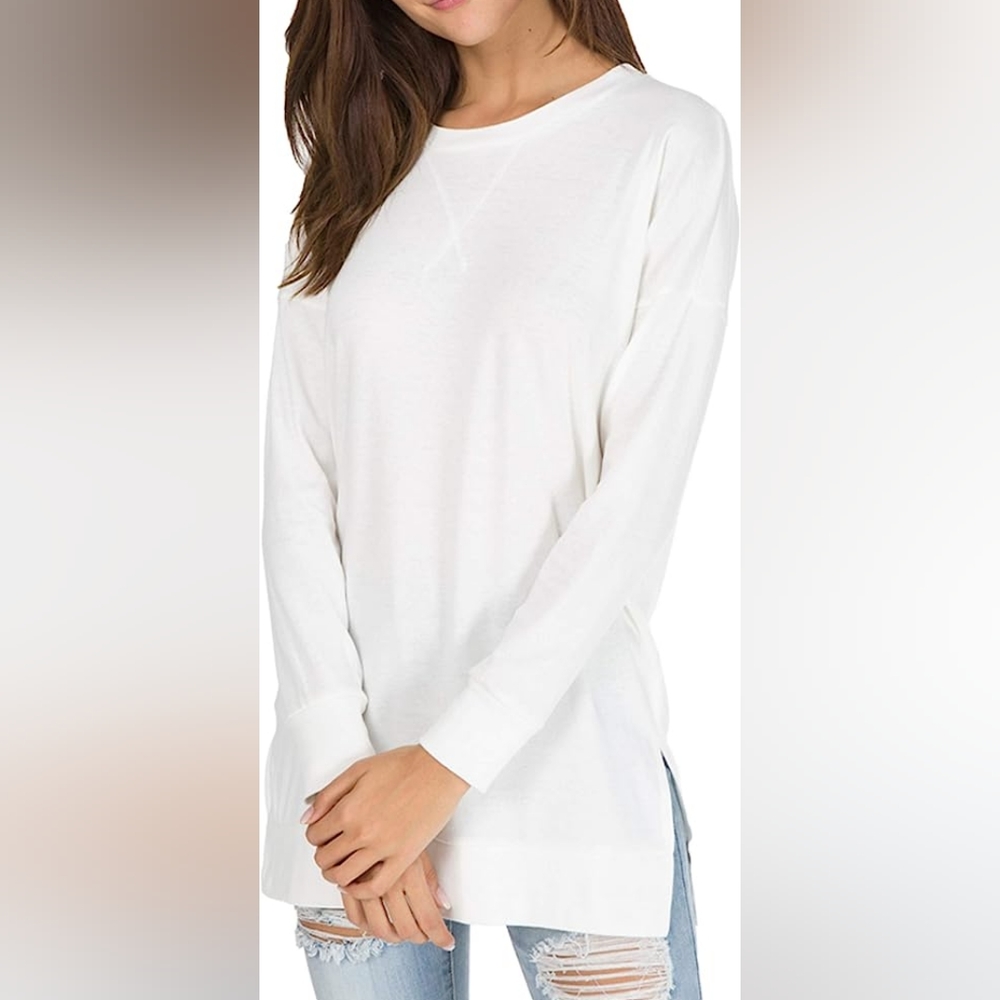 NWT Long Sleeve Side Split Pullover Tunic (White) - levaca